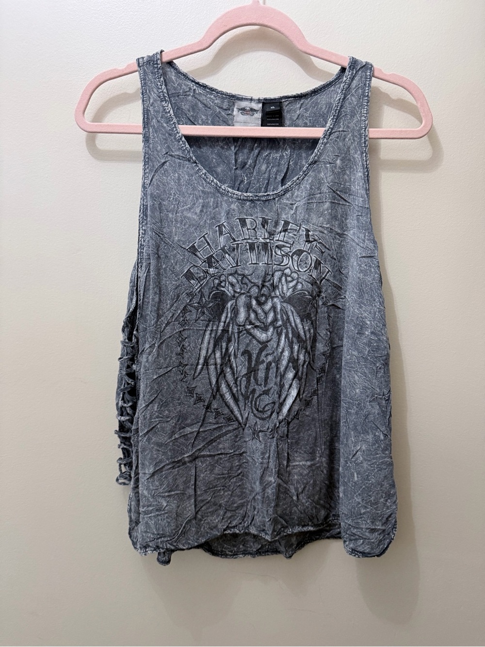 Y2K Harley-Davidson Laced Sides Acid Wash Distressed Tank Top Angel Wings Roses